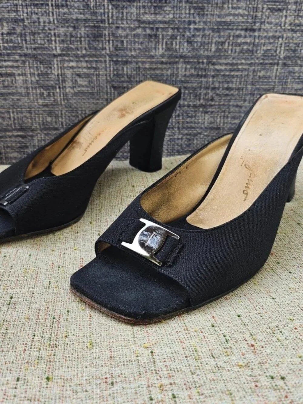 Vintage Salvatore Ferragamo Women Heel Sandal Black Satin Upper Made in Italy